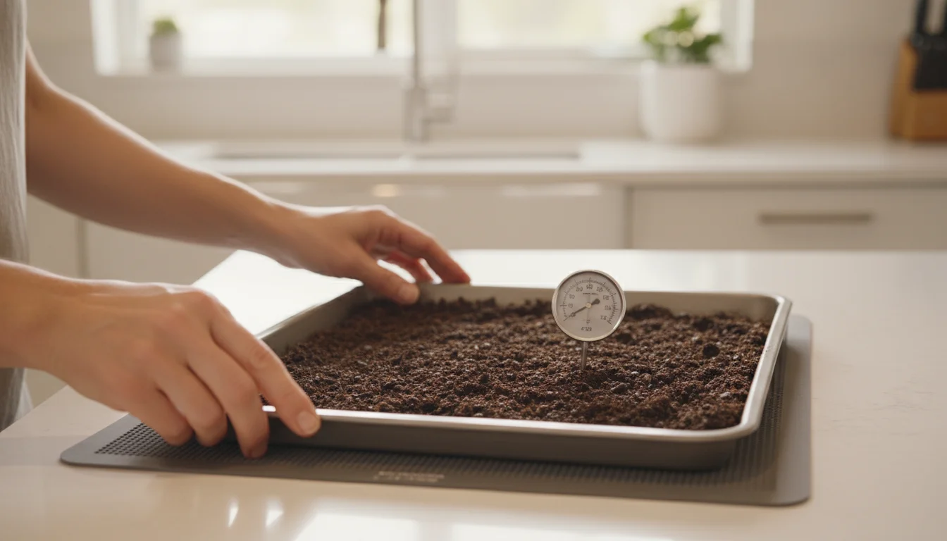 Practical hands carefully place a baking sheet of potting mix with a thermometer on a kitchen counter for indoor sterilization.
