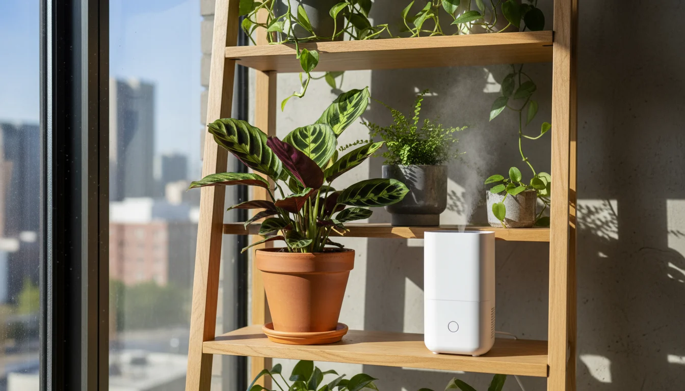 A Prayer Plant and a compact humidifier on a wooden shelf, with a fern showing slight yellowing. Sunlight streams through a window.
