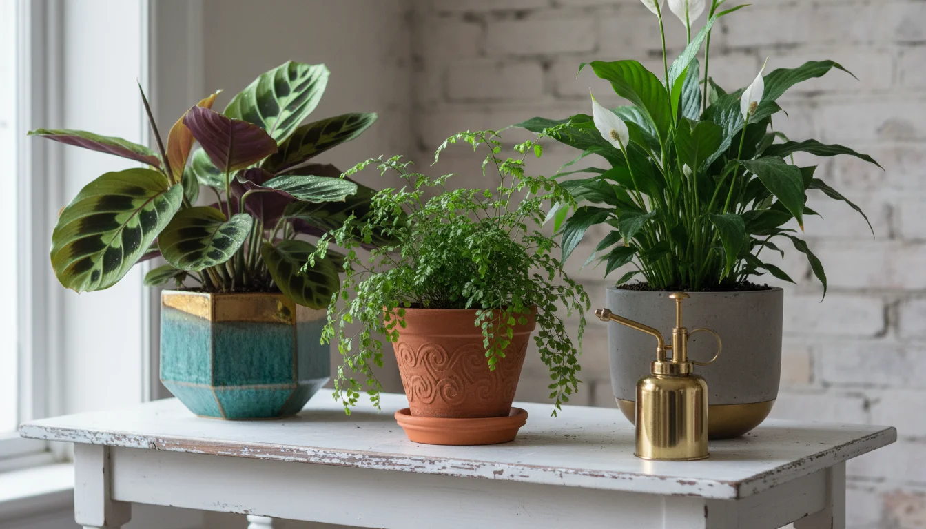 Prayer plant, maidenhair fern, and peace lily in decorative pots clustered on a white table, with a brass mister.