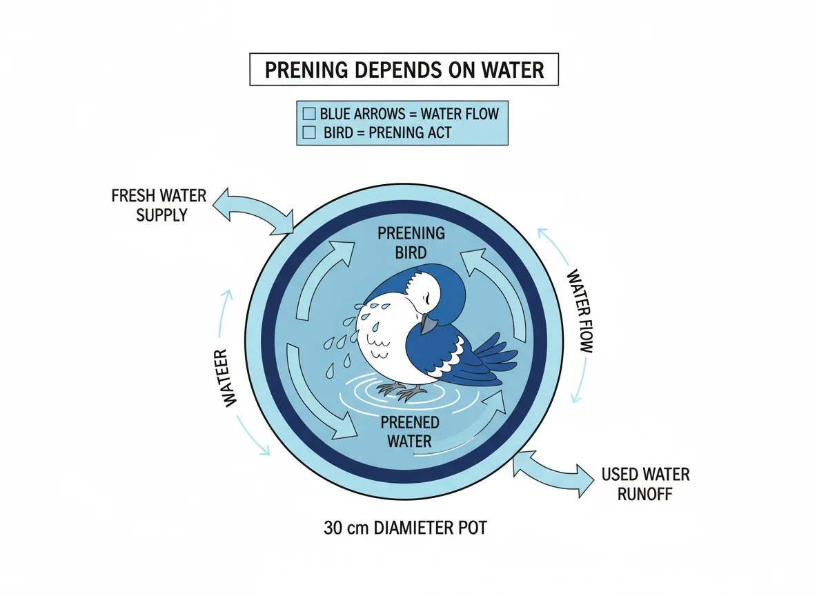 Preening water flow diagram: 30cm pot, plant, & water source shown. Arrows indicate water moving towards & through feathers.