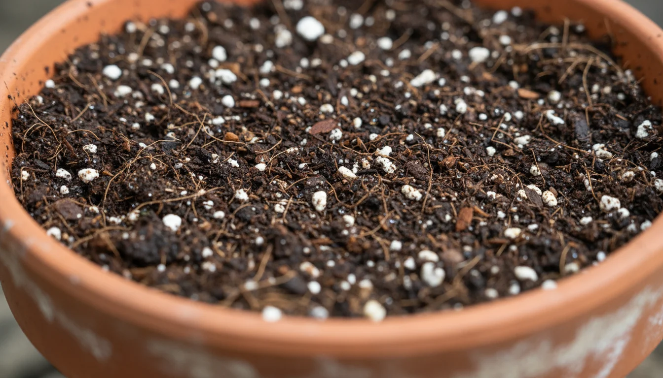 Close-up of premium potting mix in a terracotta pot, showing perlite, coir, and dark compost, highlighting drainage and moisture.