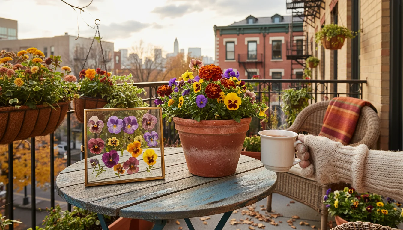 Pressed violas and marigolds in a frame on a balcony table next to a pot of fresh flowers, with a hand adding another pressed bloom to paper.