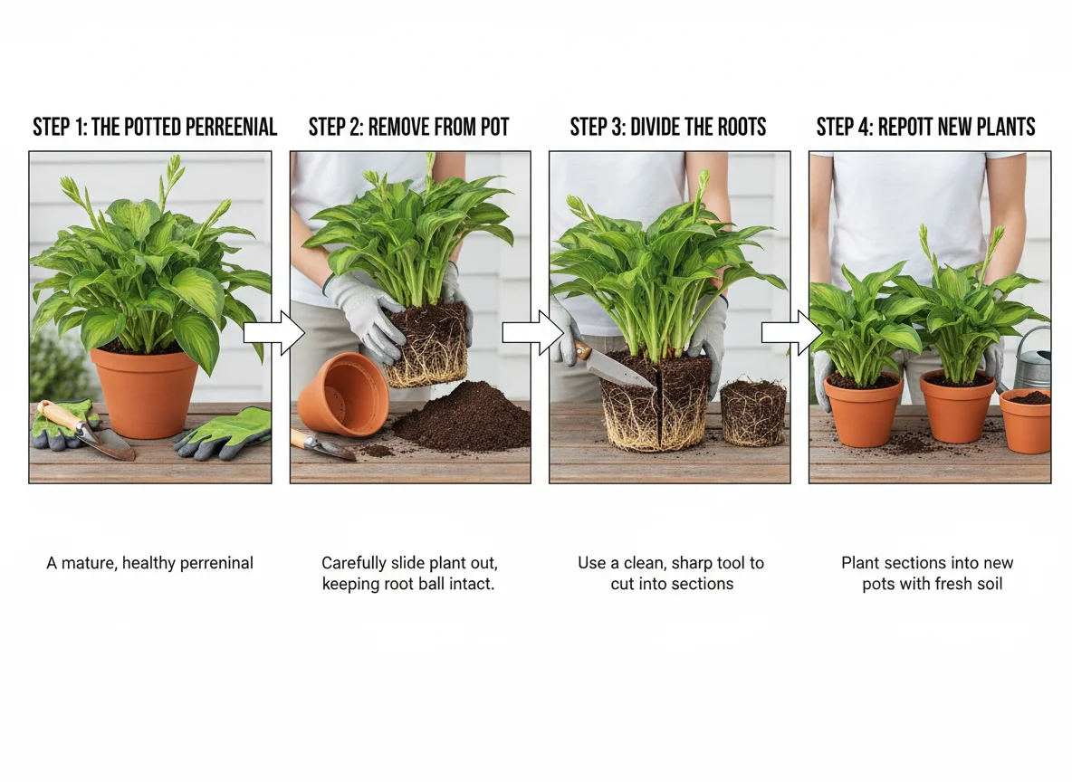 Diagram illustrating the process of dividing a potted perennial: removing from pot, splitting the root ball, and repotting sections.