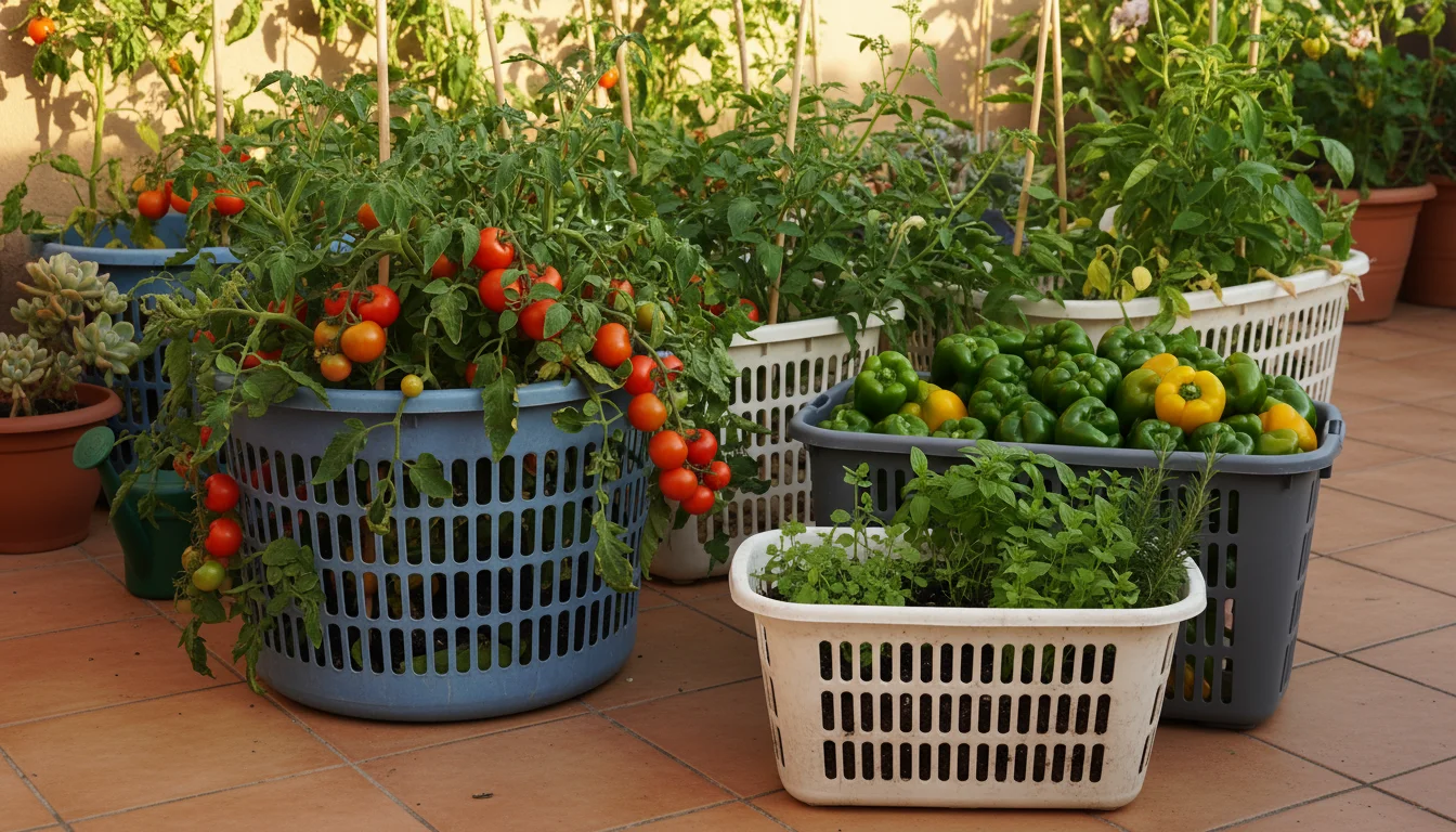 Elevated view of a productive patio garden with upcycled plastic laundry baskets and storage totes used as planters for tomatoes, peppers, and herbs.
