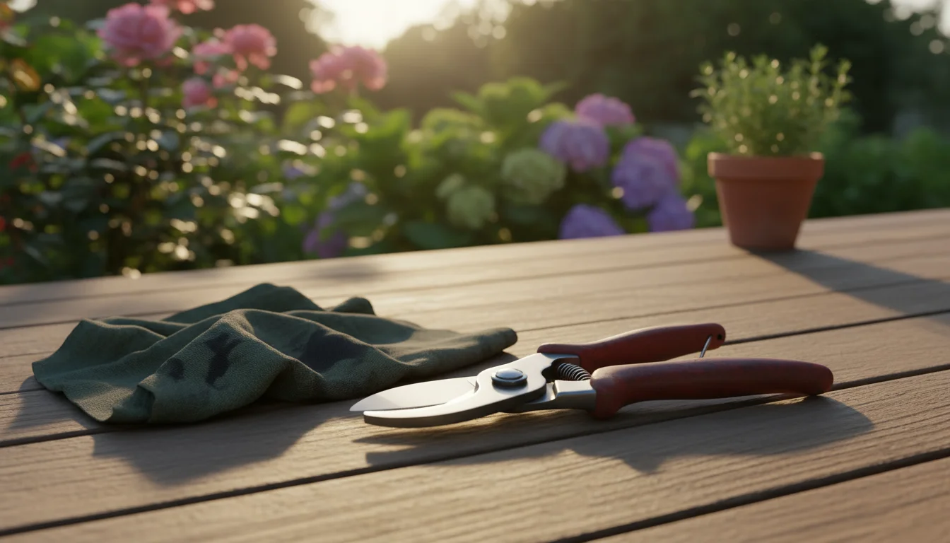 Professional high-carbon steel pruners and an oil rag resting on a weathered patio table amidst lush container plants in warm afternoon light.