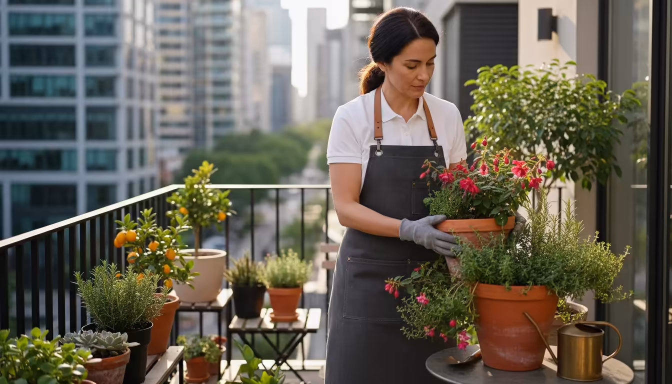 A professional plant caretaker in a smart apron carefully inspects a thriving container plant on a vibrant small urban balcony.