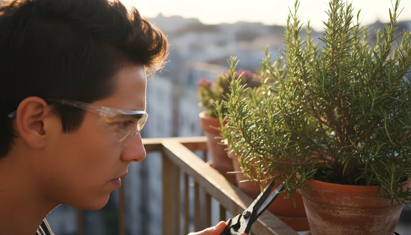 Profile of a person wearing clear safety glasses, focused on pruning a rosemary plant in a terracotta pot on a sunny balcony.