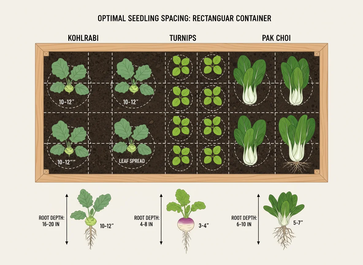 Diagram illustrating proper spacing and planting depth for fall container vegetables like kohlrabi, turnips, and pak choi in a rectangular planter.