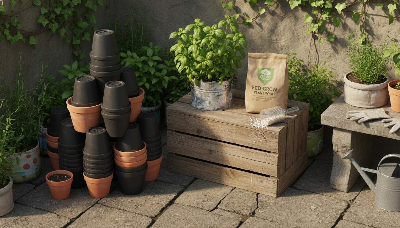 Pyramid stack of cleaned plastic nursery pots on a patio next to a reused pot with basil, recyclable fertilizer bag, gardening gloves, and trowel.