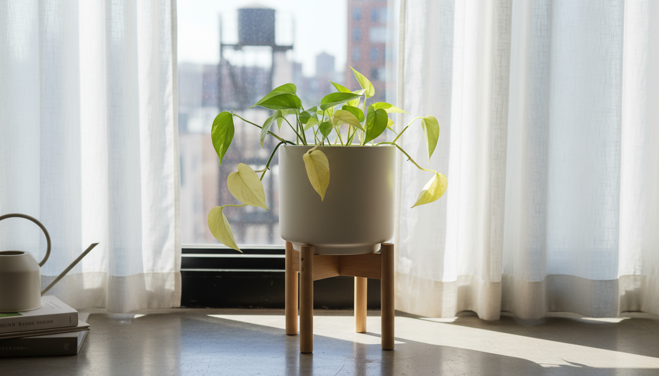 Quiet indoor scene: potted Pothos, Snake Plant, succulents on a windowsill in soft winter light, with a stored fertilizer bottle.