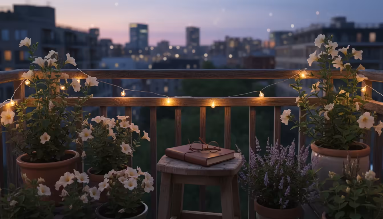 Quiet urban balcony at twilight with soft string lights. Container plants and a weathered stool with a gardening journal and glasses.
