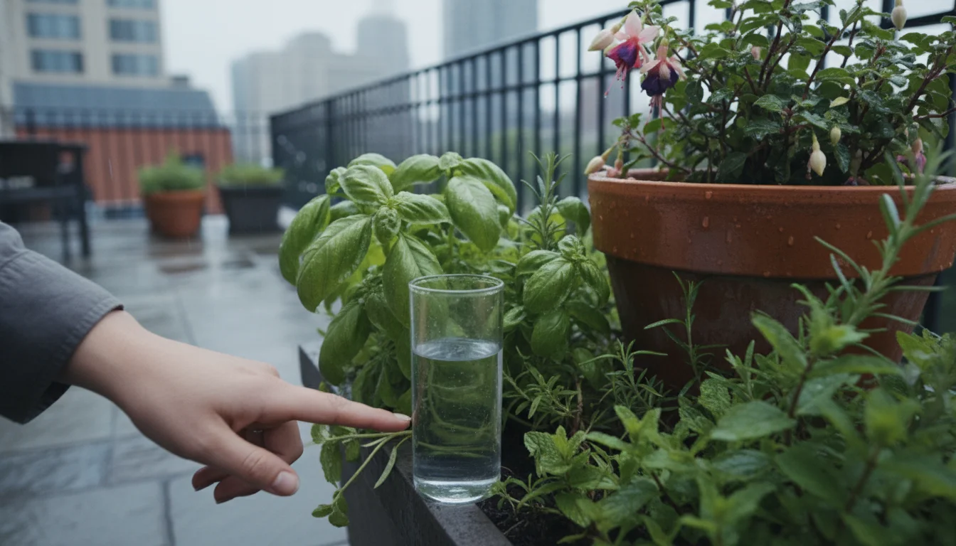 A clear rain gauge, partially full from recent rain, sits among container plants on a patio, with a hand observing the level.