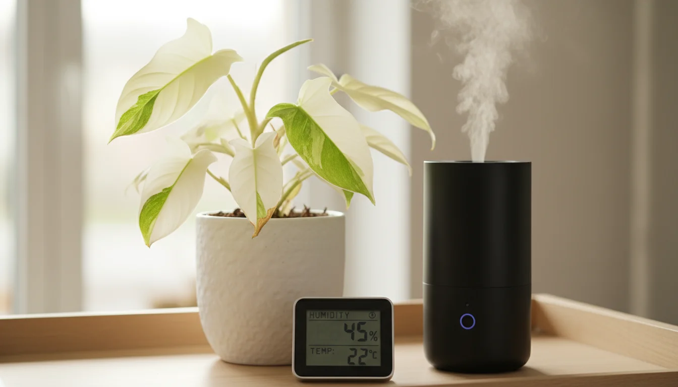 A rare variegated Philodendron showing crispy leaf edges, next to a modern humidifier emitting mist, with a digital hygrometer displaying 68% humidity