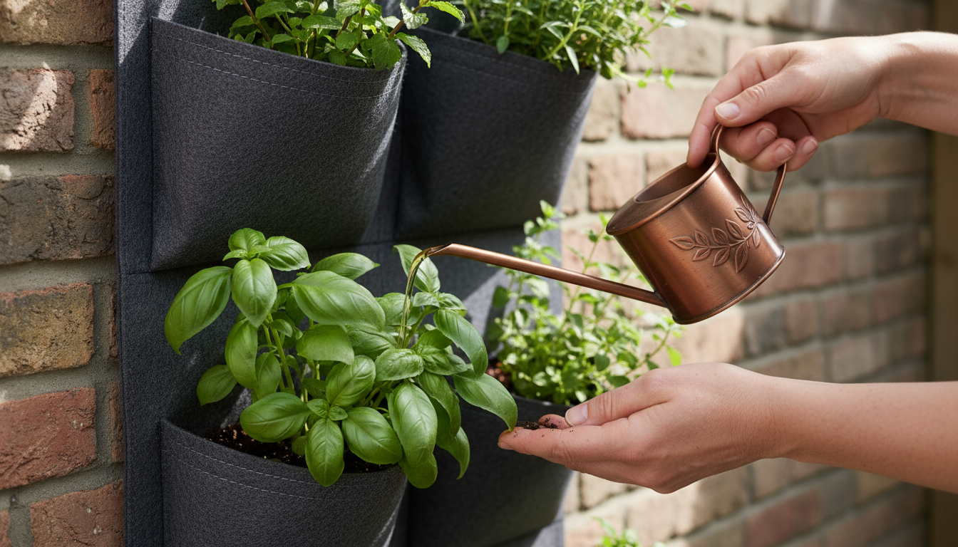 Repurposed materials like pallet wood, plastic bottles, gutters, and a shoe organizer laid out with tools and soil on an urban balcony for a DIY verti
