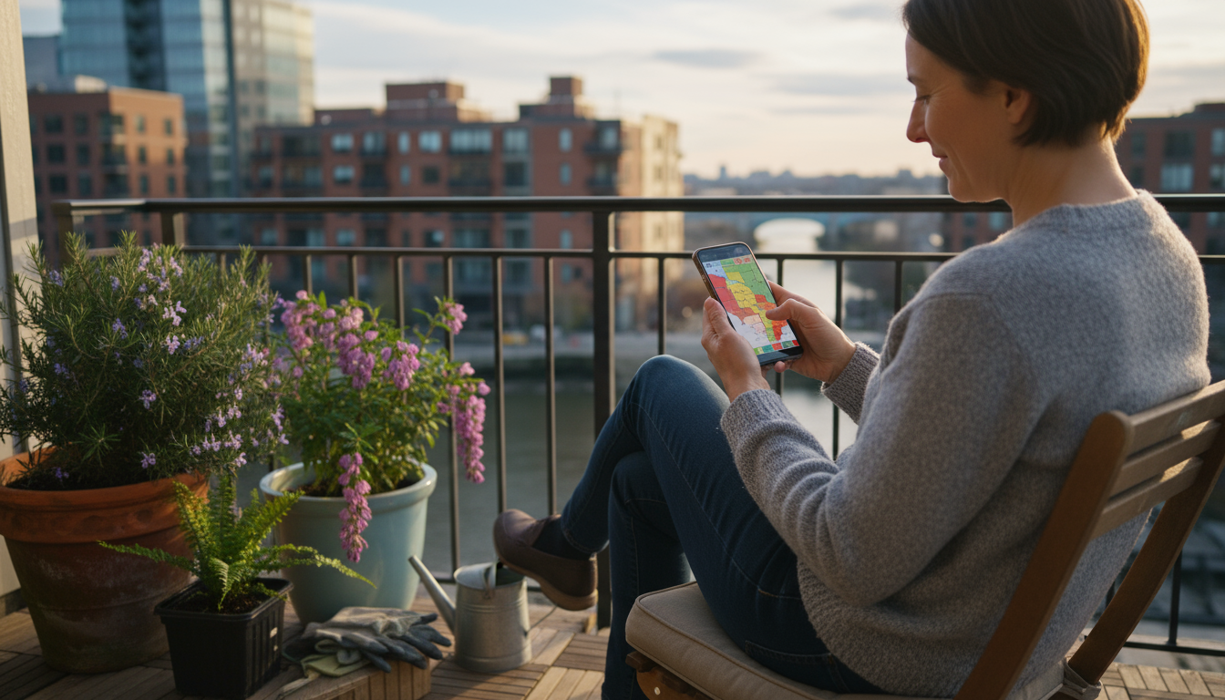 Medium shot of a struggling plant in a terracotta pot on a balcony, with dark, damp soil and its saucer overflowing with murky, stagnant water.