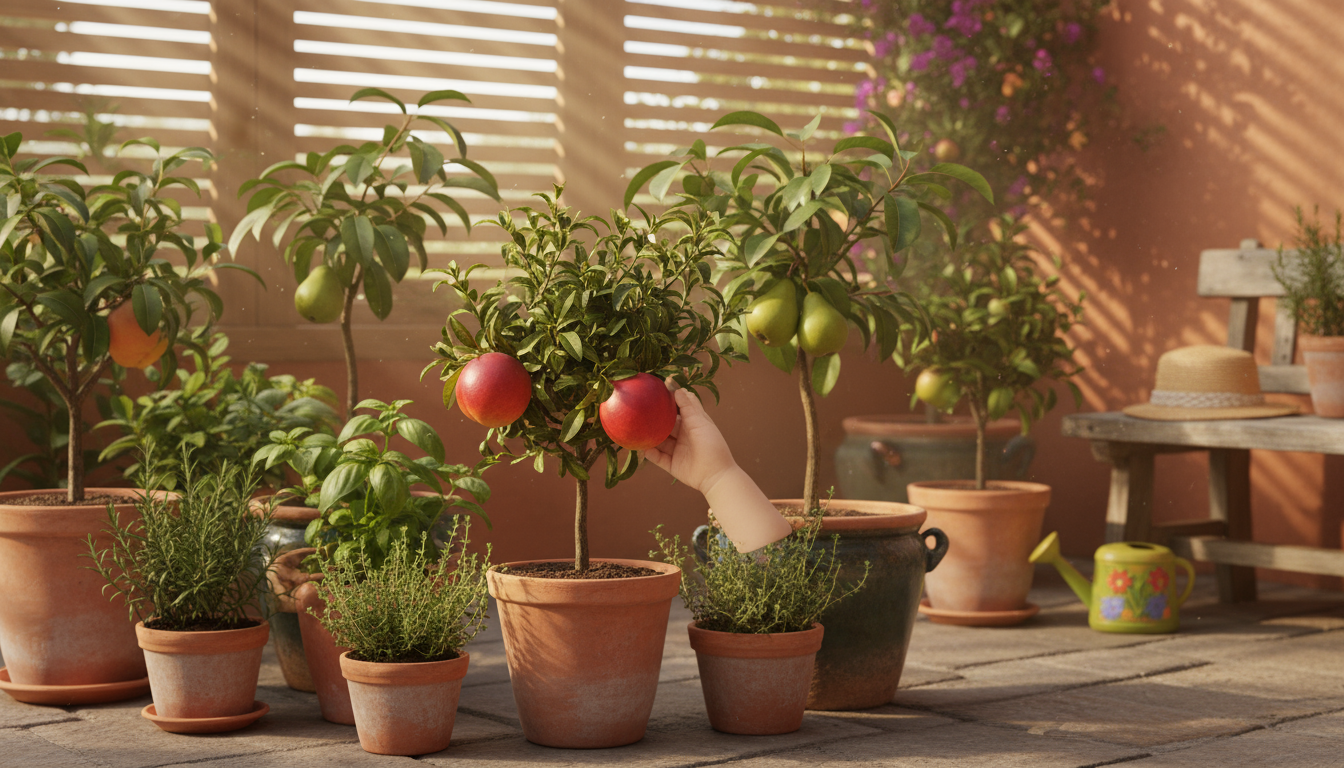 A woman kneels on a patio, tucking straw insulation around a potted dwarf apple tree near other burlap-wrapped fruit trees against a brick wall.