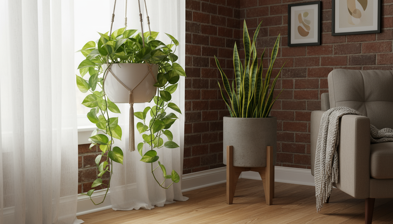A tall snake plant in a terracotta pot sits on a wooden bedside table, softly lit by a lamp, with a book and glass nearby.
