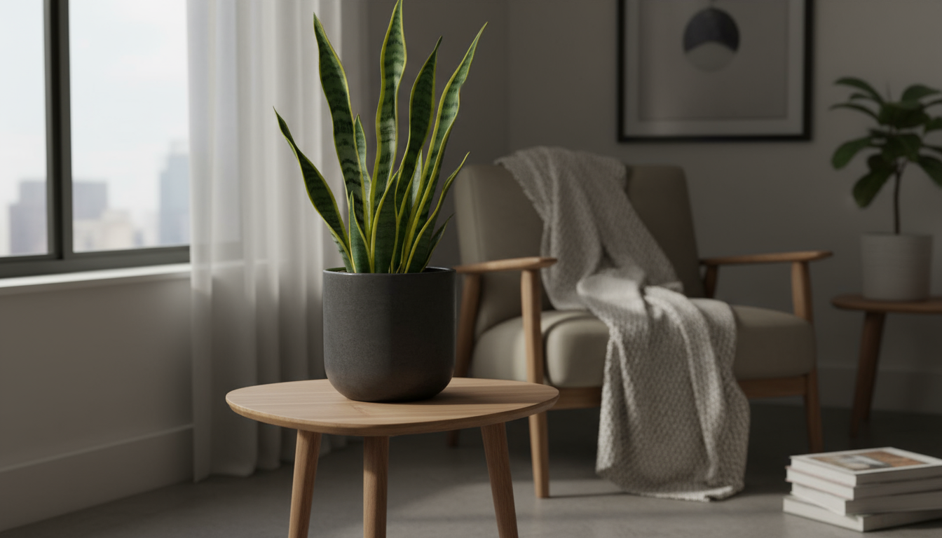 A cozy, low-light apartment corner with potted Pothos and Snake Plant on a table near a north-facing window, next to an armchair with a book.