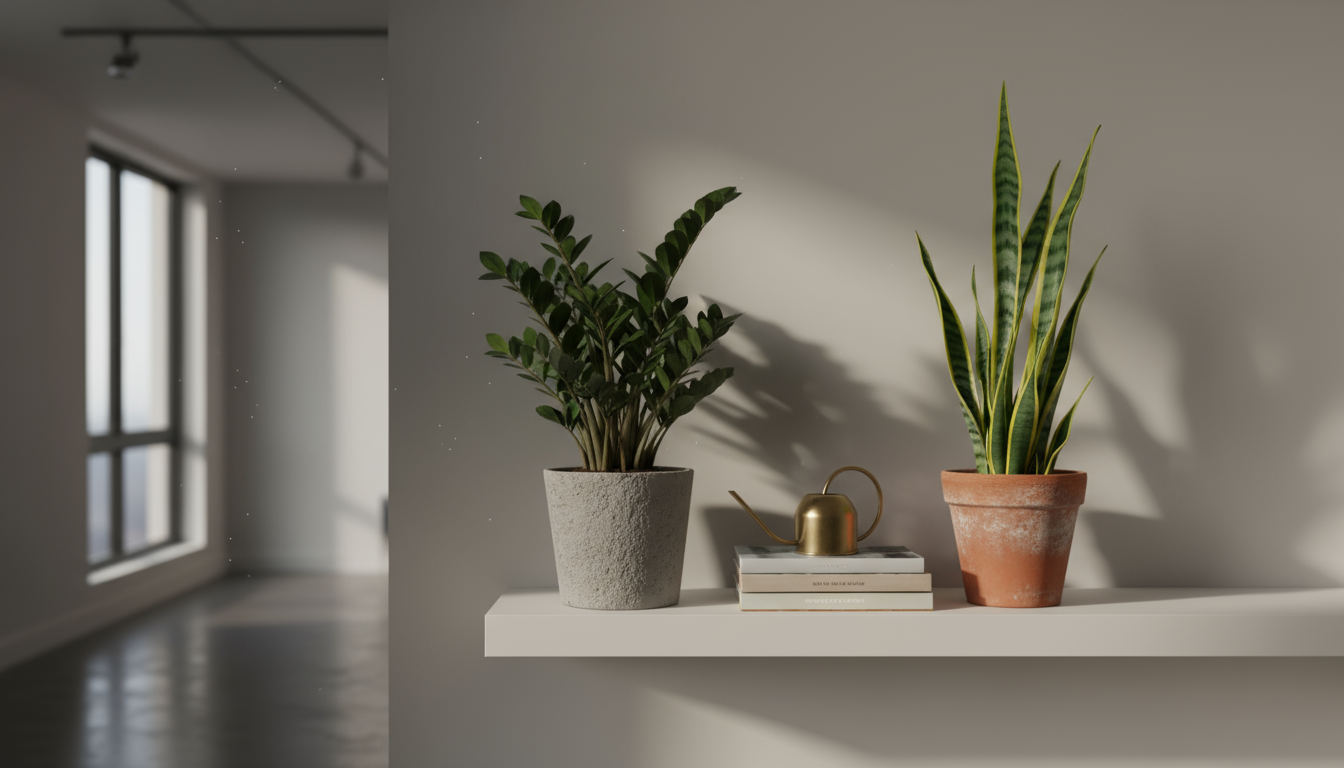 A ZZ plant in a grey concrete pot and a snake plant in a terracotta pot sit on a shelf, softly lit by indirect light.