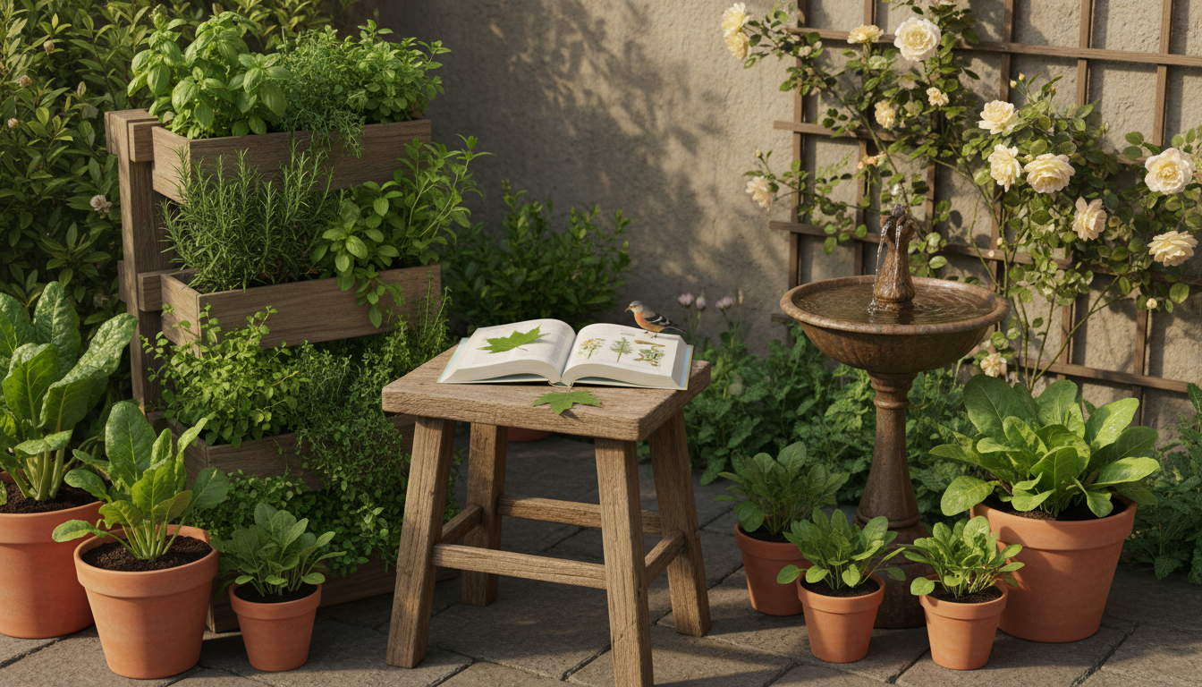 A row of potted lettuce plants on a sunny balcony, showing various growth stages from tiny seedlings to mature, ready-to-harvest leaves, illustrating