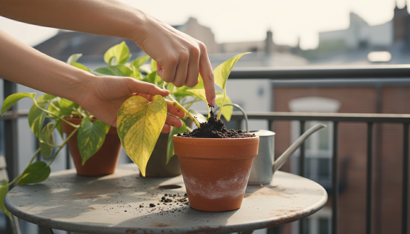 Pothos in white pot by sheer-curtained window (bright indirect light), Snake Plant in grey pot on wooden stand nearby (medium light).