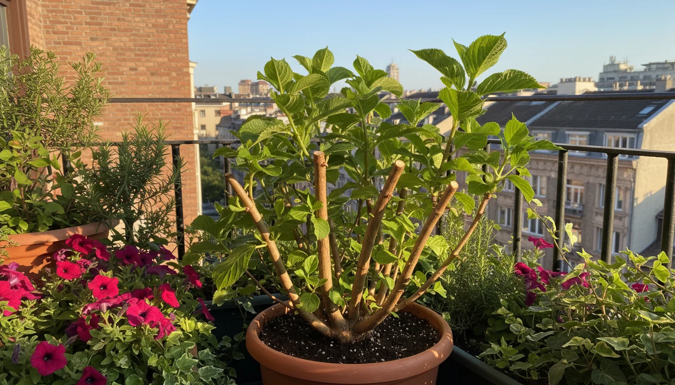 A recently hard-pruned Hydrangea shrub in a terracotta pot on a balcony, showing vibrant new green growth from its base.
