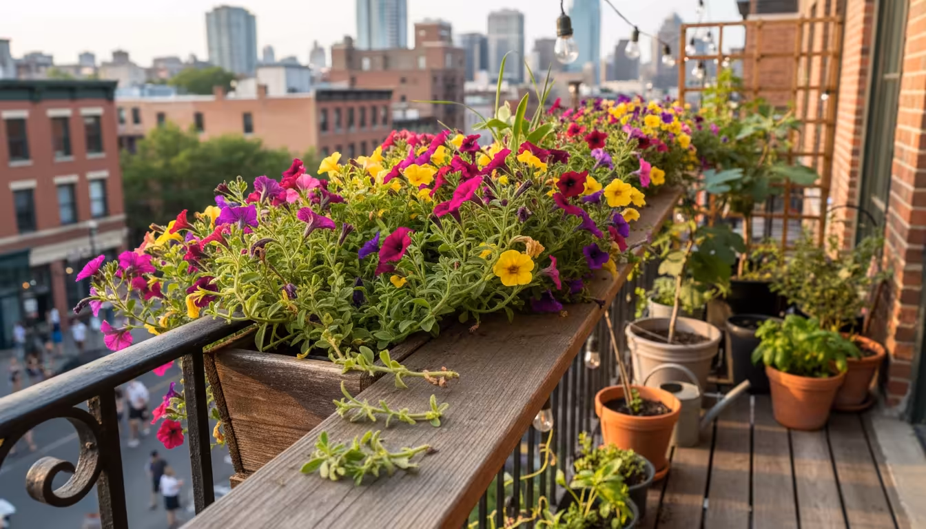 A rectangular balcony planter filled with slightly leggy calibrachoa. A fresh pruning cut is visible on a stem, with discarded green snips on the rail