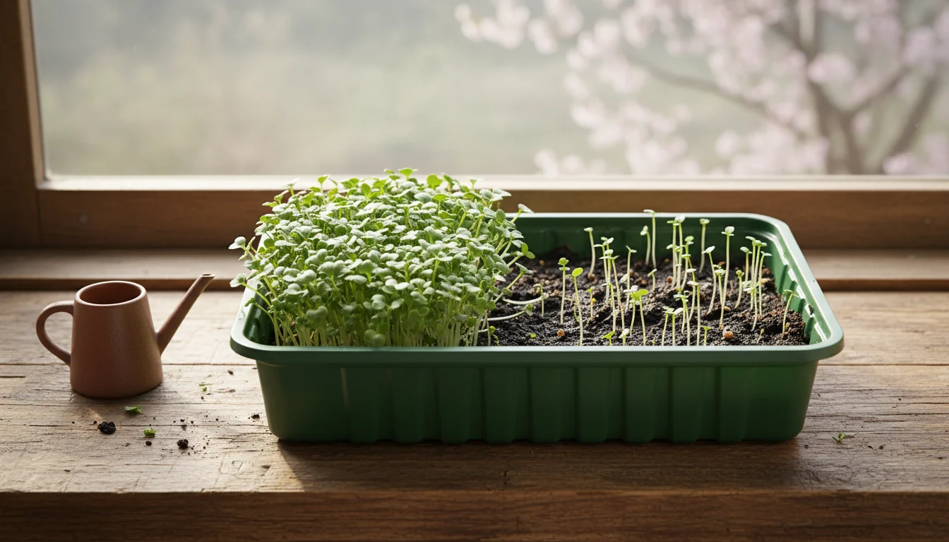 Rectangular dark green microgreen tray on a wooden windowsill showing starkly uneven growth: dense sprouts on one end, sparse bare patches on the othe