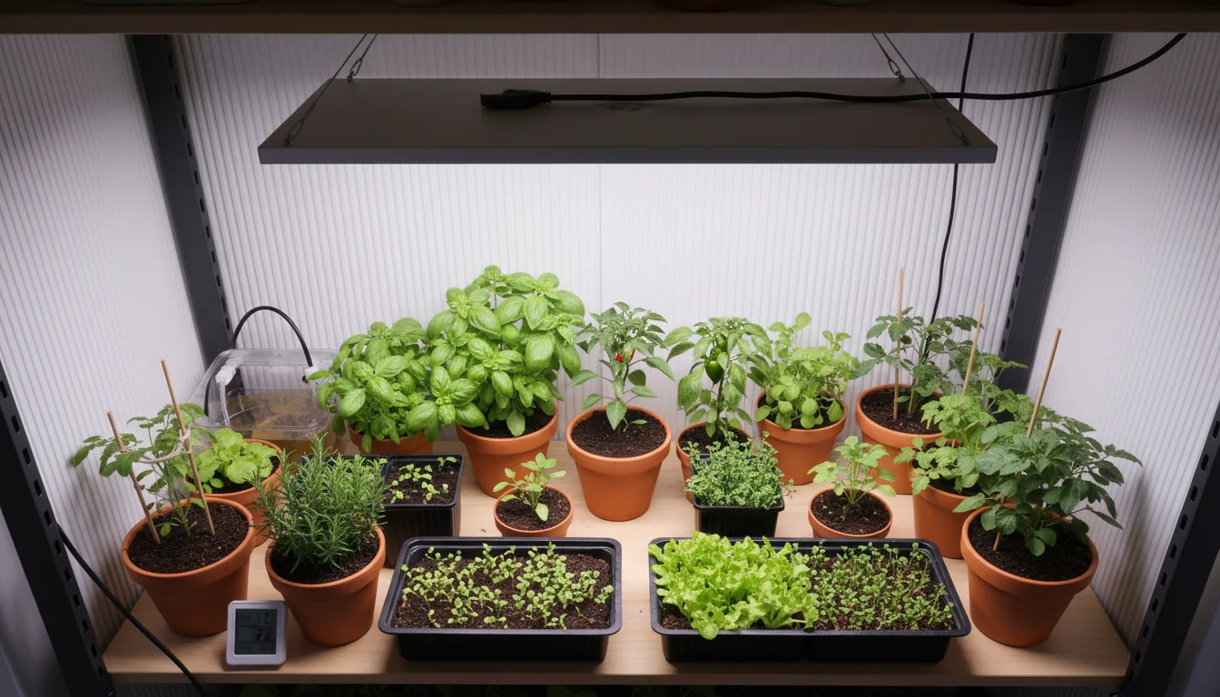 Elevated view of a rectangular LED grow light panel suspended above various potted plants. Taller plants are centered, smaller plants are at the edges