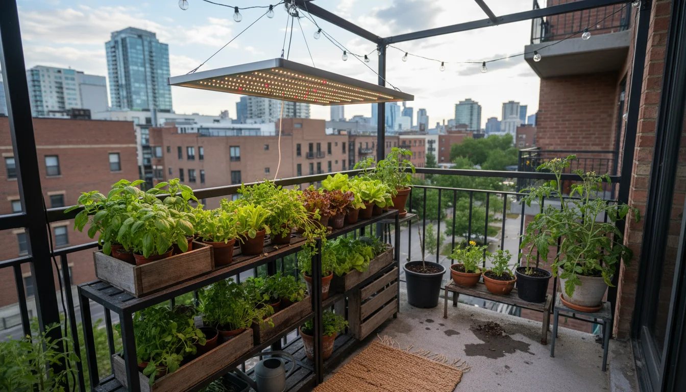 Overhead view of a rectangular LED grow light over a small shelf of herbs and leafy greens on an urban balcony.