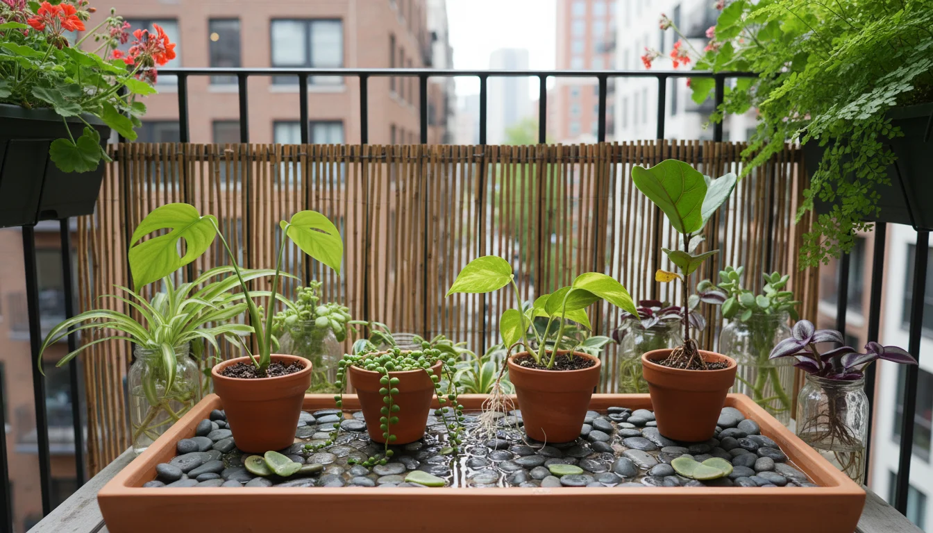 A rectangular pebble tray with small potted plant cuttings sits among lush foliage plants on a wooden stand, creating a humid microclimate on an urban