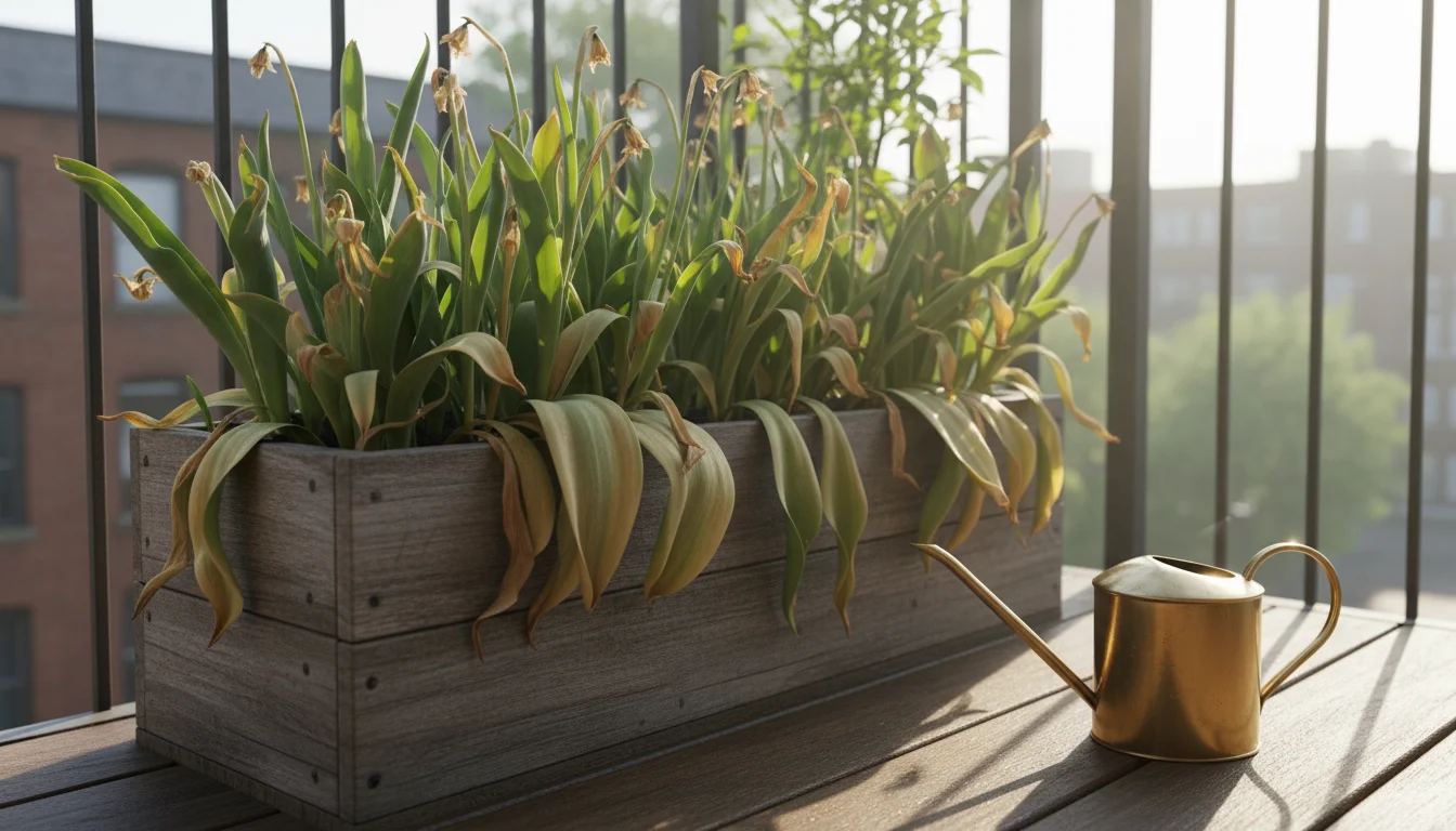 Rectangular planter on an urban balcony with yellowing tulip and daffodil foliage after blooming, a watering can nearby.
