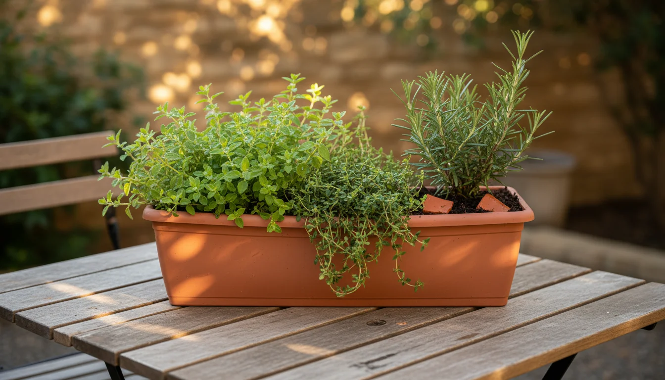 Rectangular terracotta planter on a wooden bistro table, holding healthy Greek oregano, thyme, and rosemary plants.