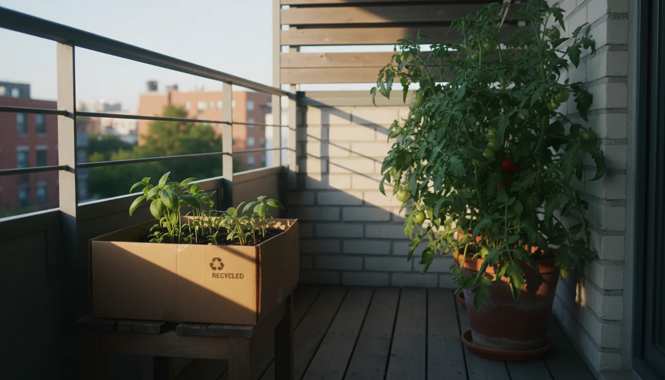 A recycled cardboard shoebox filled with green seedlings sits on a wooden stool in a partially shaded urban balcony corner, next to a larger potted pl
