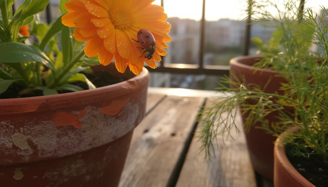 A red ladybug crawls on a bright orange calendula flower petal in a terracotta pot, lit by warm evening sun.