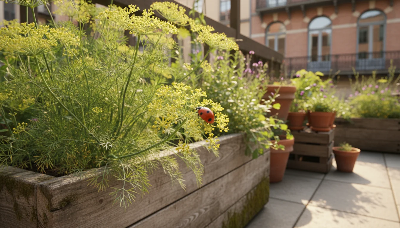 A close-up of a red ladybug on the yellow, delicate flowers of a dill plant in a rustic wooden planter on a patio.