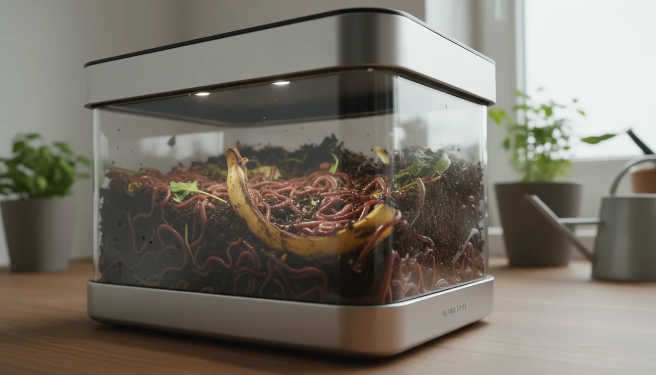 Red Wiggler worms actively burrowing through banana peel and coffee grounds in the moist, dark top layer of a clean indoor worm bin.