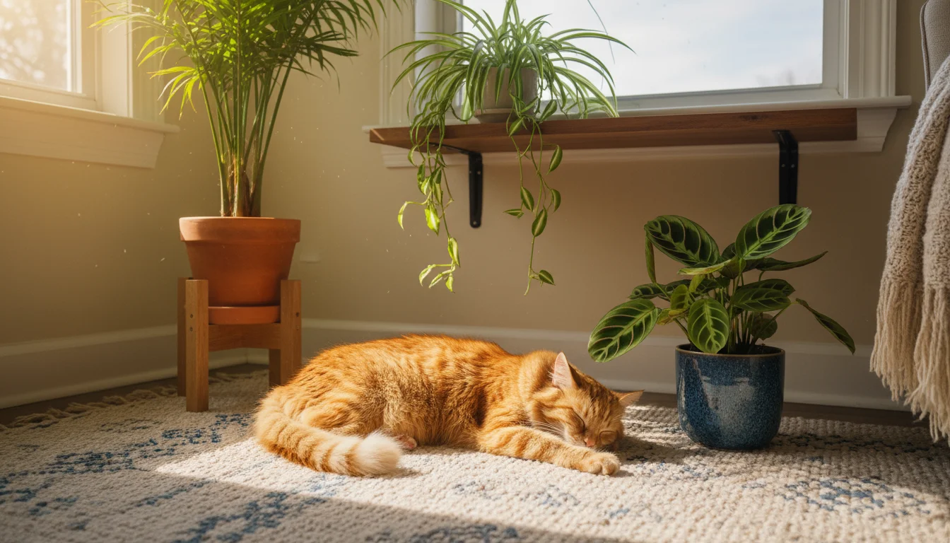 A relaxed ginger tabby cat naps on a rug, surrounded by pet-friendly potted houseplants in a sunlit indoor corner, showing peaceful coexistence.
