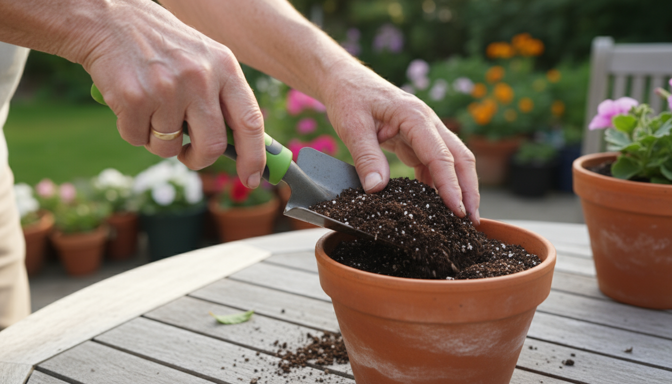 Senior man using a long-handled weeder to tend a patio herb pot, with a lightweight watering can nearby, emphasizing ergonomic gardening.