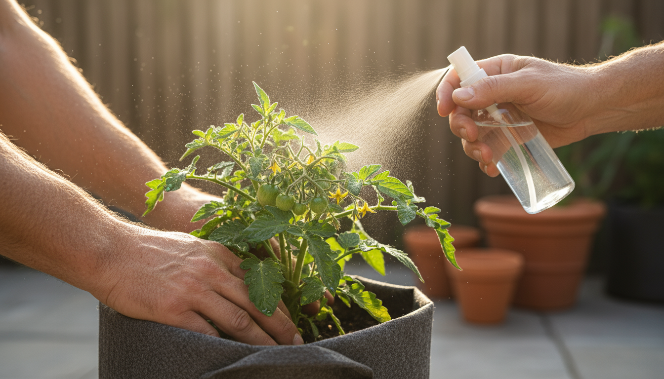 A person's hands gently harvest ripe cherry tomatoes from a potted plant on a sunlit balcony, with other vibrant container vegetables and a basket of
