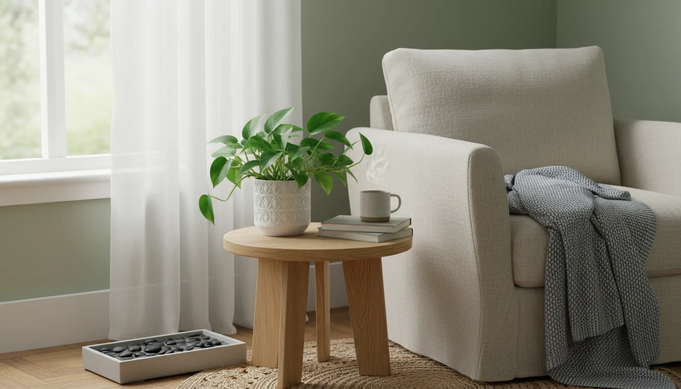 Repotted Pothos plant on a wood table in indirect morning sunlight from an east-facing window, with a pebble tray nearby.