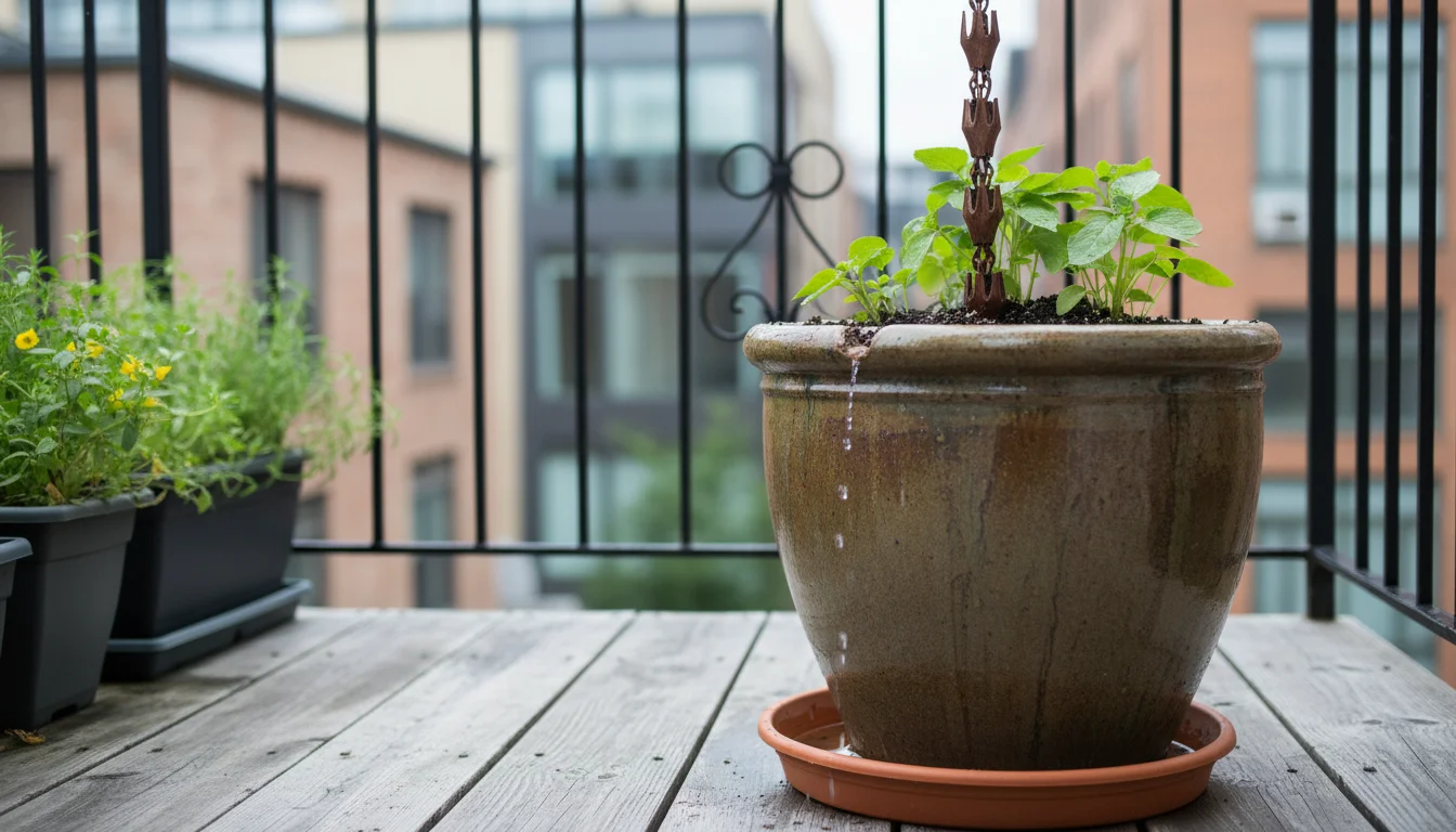 A repurposed bucket collects rainwater on a small, plant-filled urban balcony, reflecting the overcast sky.