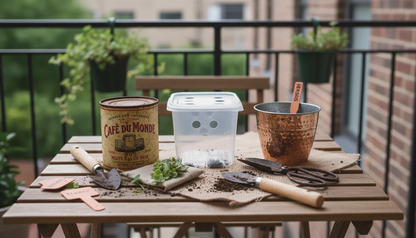 Repurposed containers: a vintage coffee can, a plastic deli container with drainage, and a metal biscuit box, on a wooden surface with a small herb se