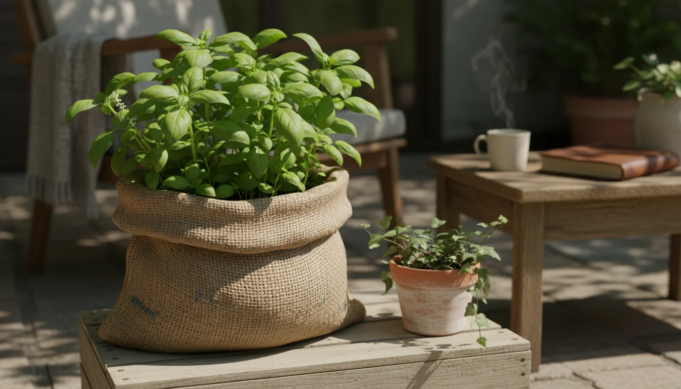 A repurposed jute coffee bean sack planter filled with basil sits on a weathered wooden crate, next to a denim fabric planter with trailing nasturtium