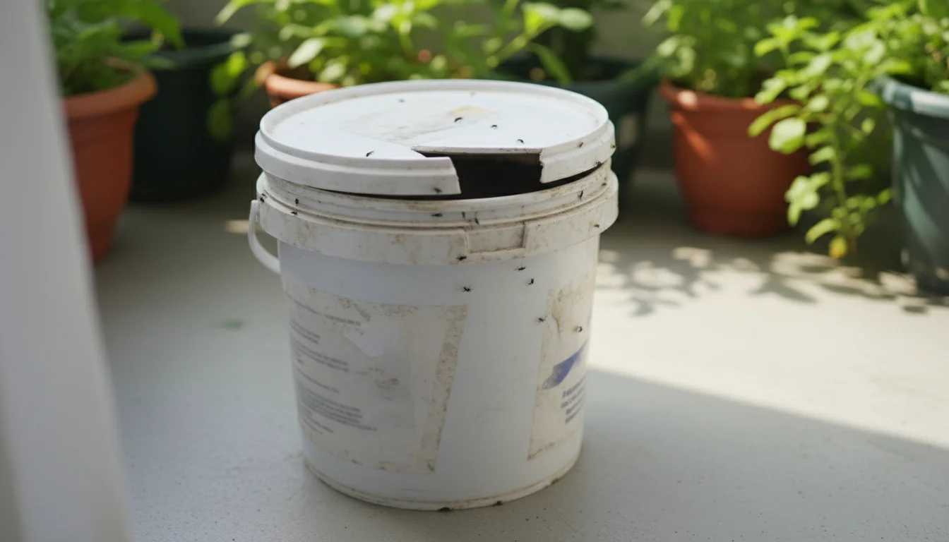 Repurposed plastic bucket with a loose lid attracting fruit flies and ants on an urban balcony floor.