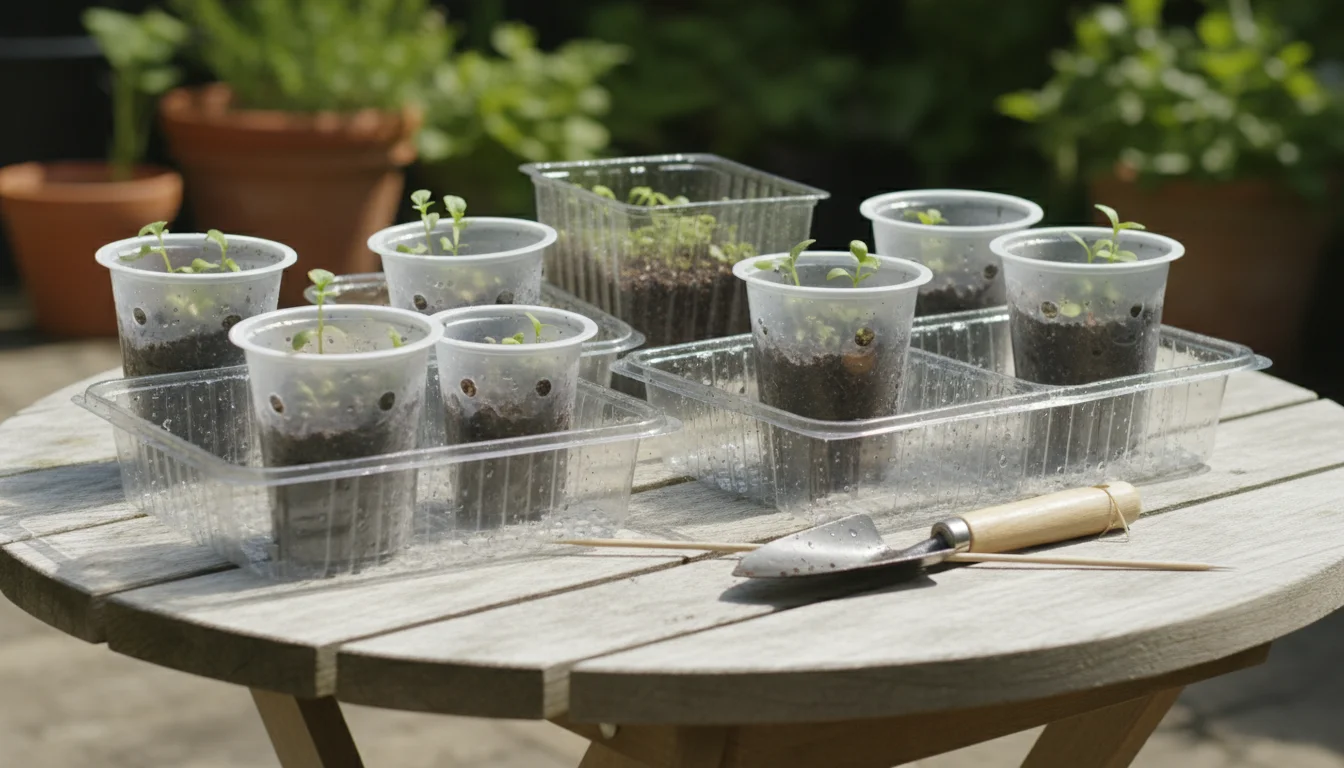 Repurposed plastic food containers like yogurt cups and berry baskets with seedlings sit on a wooden patio table, some in salad tubs as drip trays.