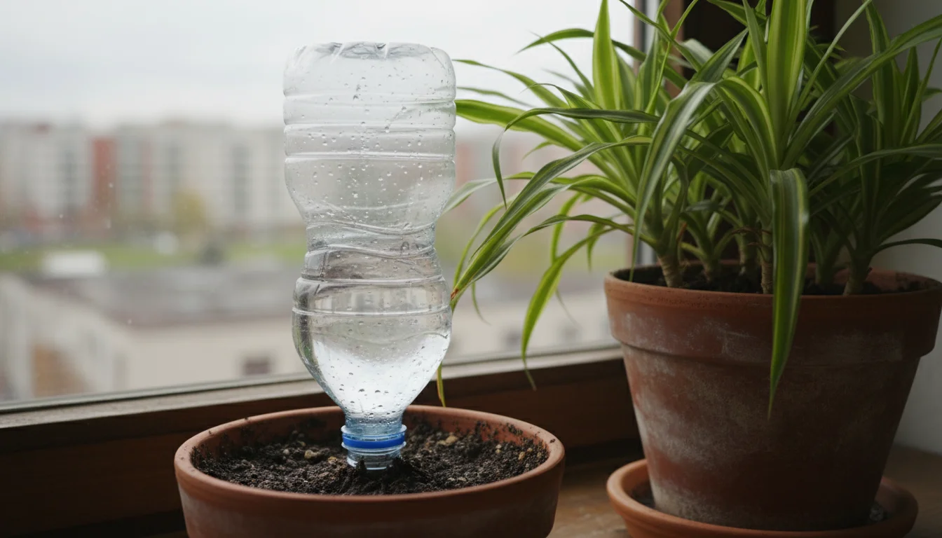 A repurposed plastic water bottle inverted into a terracotta plant pot, functioning as a DIY drip irrigation system for a Dracaena houseplant.