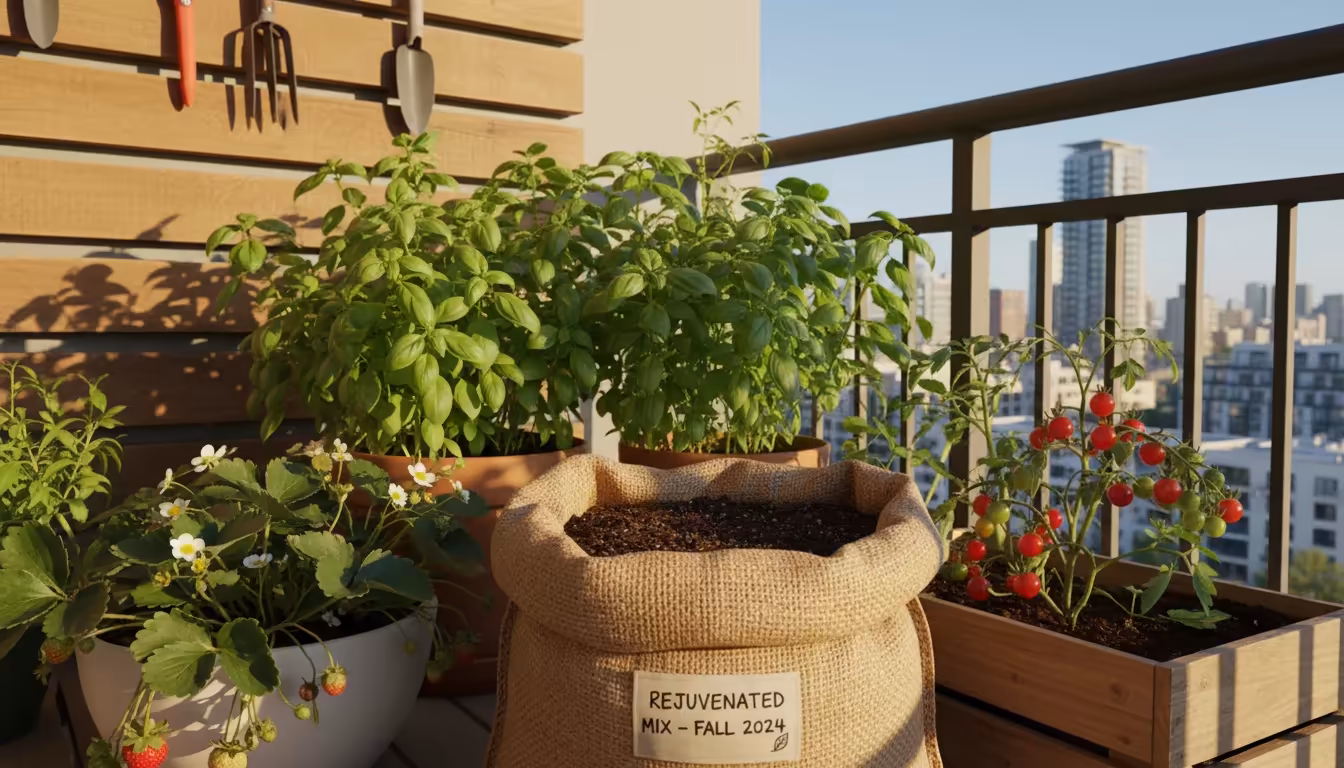 Repurposed potting mix bag labeled 'Rejuvenated Mix' on a tidy urban balcony with thriving container plants like basil and strawberries.