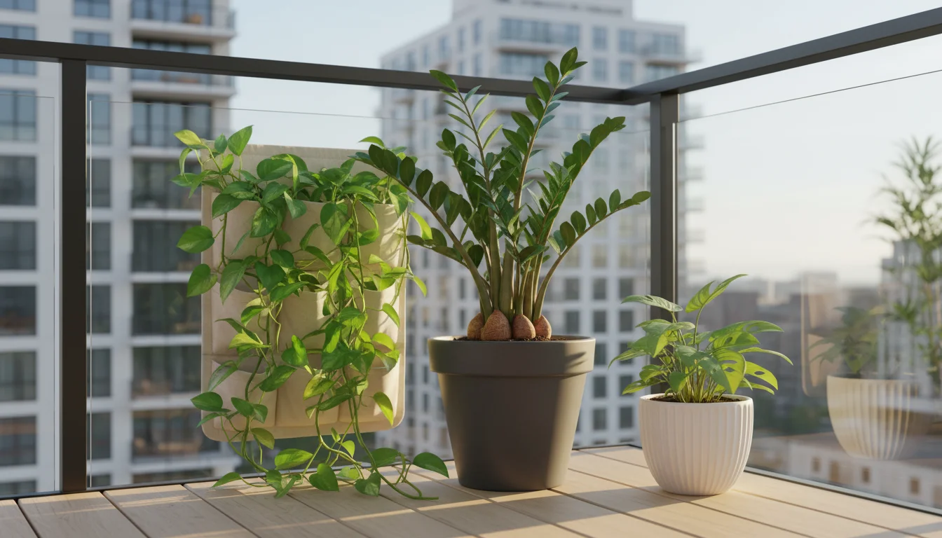 A resilient ZZ plant, trailing Pothos, and compact Philodendron sit on a modern urban balcony under soft light.