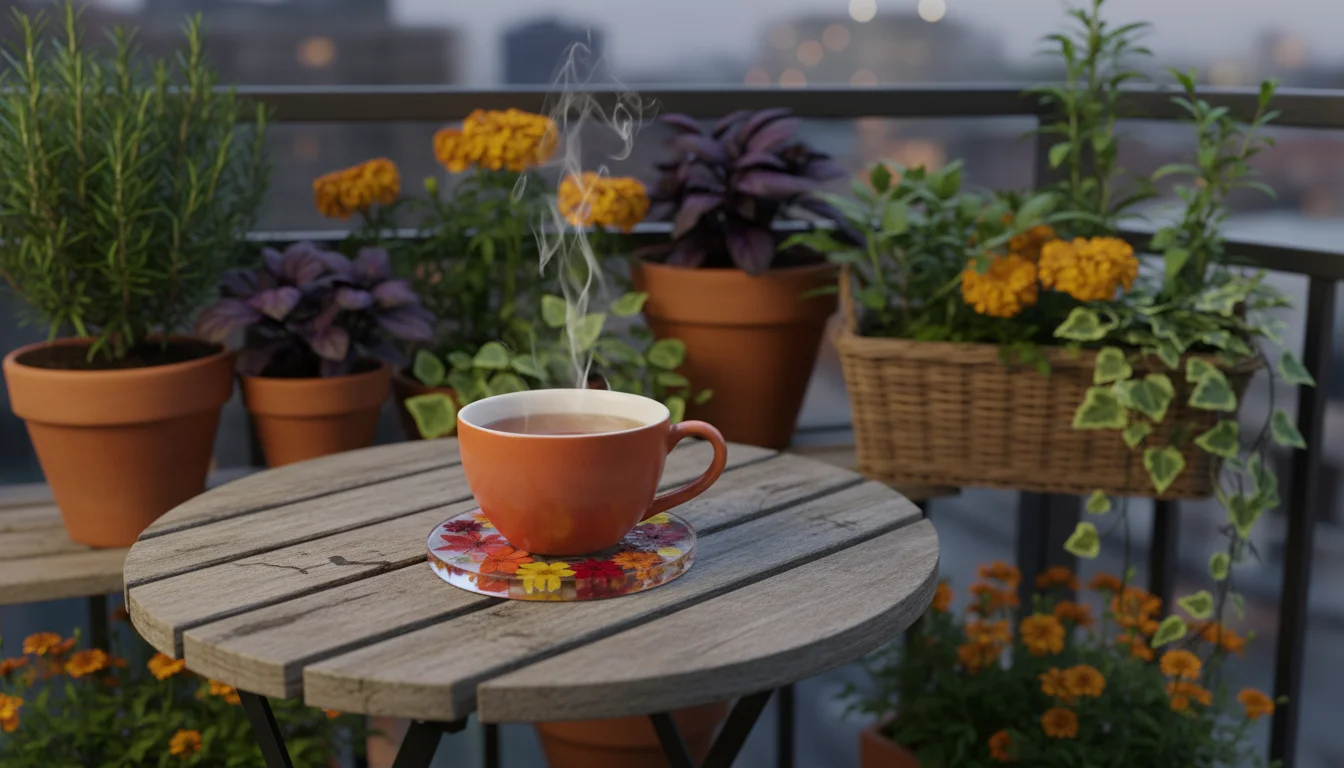 A clear resin coaster with pressed fall flowers on a weathered wooden balcony table, holding a ceramic teacup.